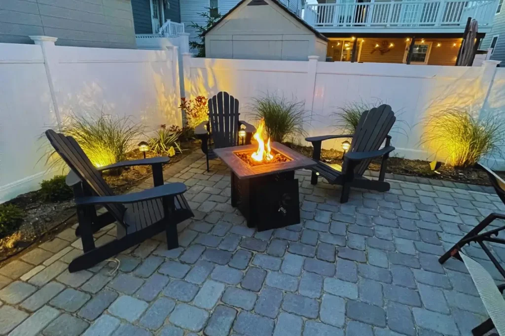 outdoor table set with bonfire